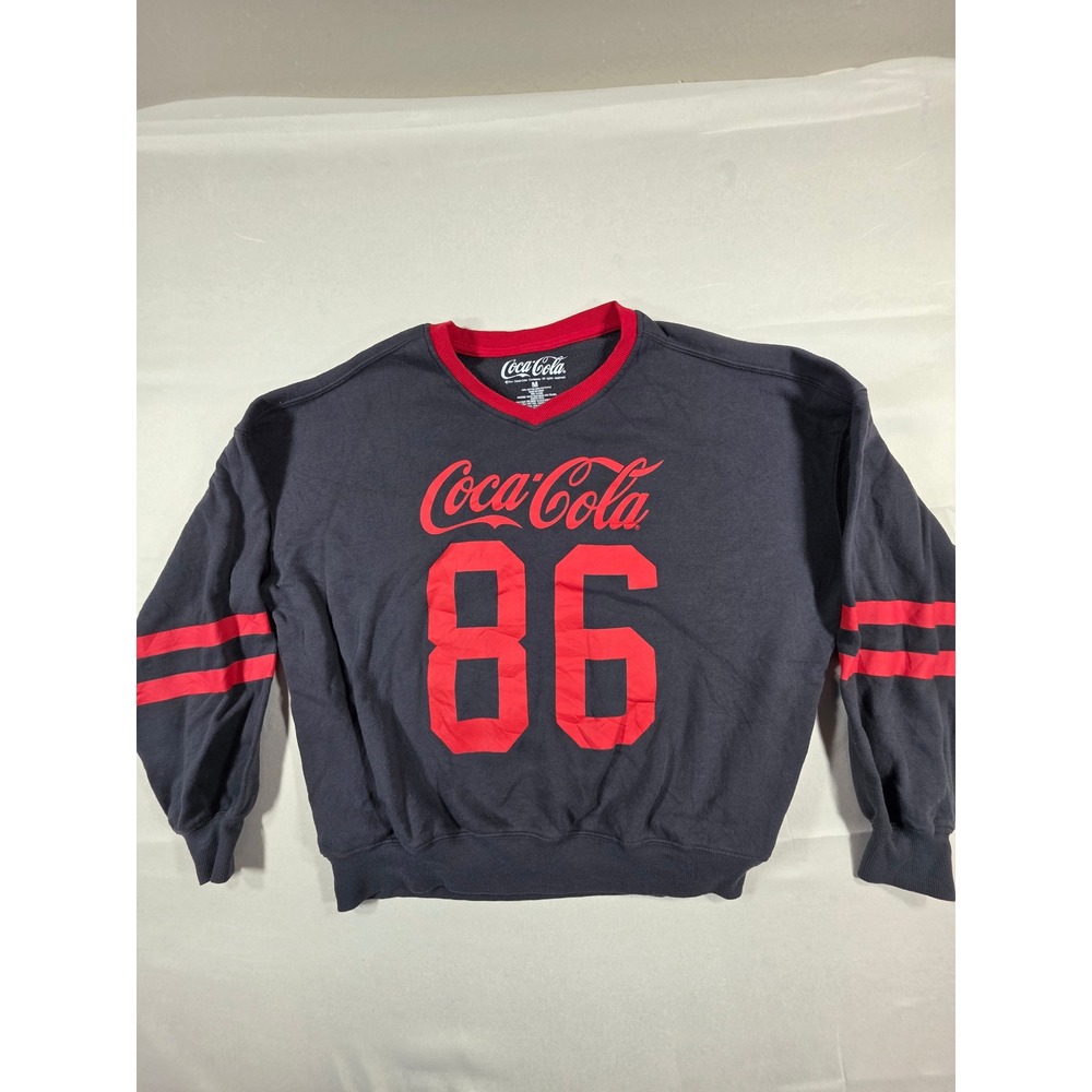 Coca-Cola Mens Graphic Sweatshirt Black Red V-Neck Varsity Stripe 86 Medium